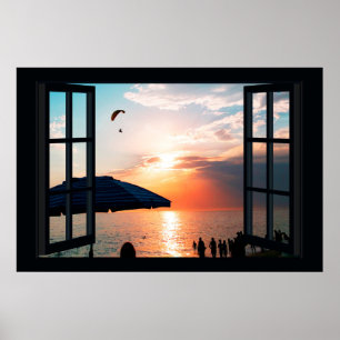 Poster Faux Window avec Beach Sunset Ocean
