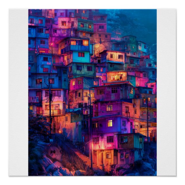 Poster Favela nocturne violette néon Collines urbaines vi (Devant)