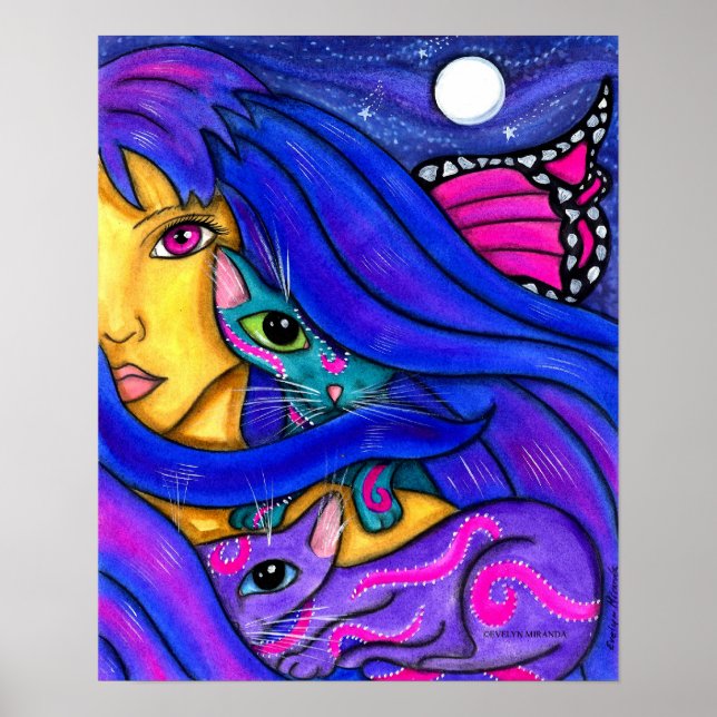 Poster Fée bleue et ses chats (Devant)