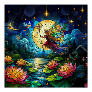 Poster Fée de vol au clair de lune en verre coloré