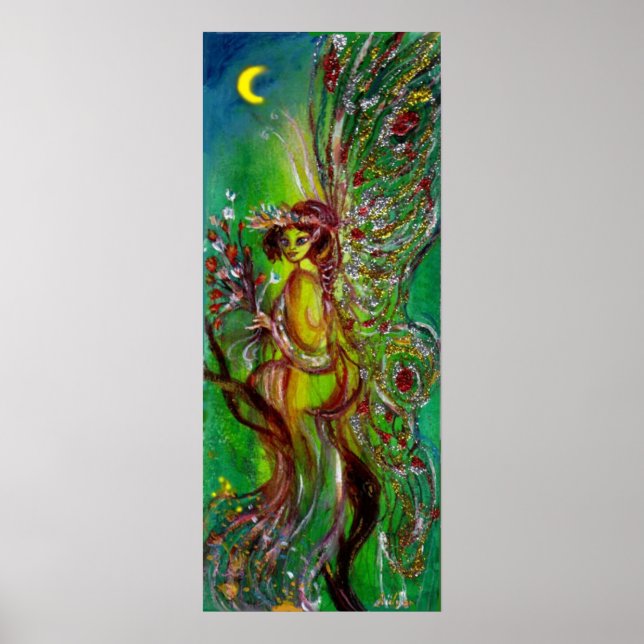 POSTER FÉE VERTE AVEC ÉTINCELLES D'OR AU CLAIR DE LUNE (Devant)