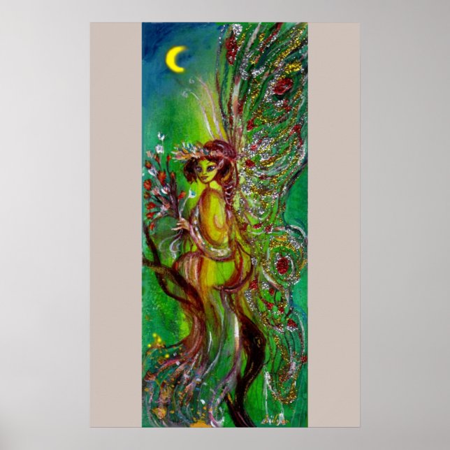 POSTER FÉE VERTE AVEC ÉTINCELLES D'OR AU CLAIR DE LUNE (Devant)