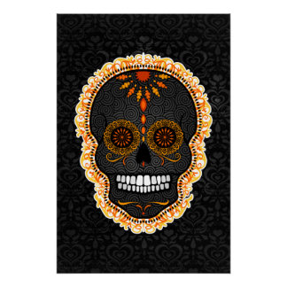 Poster Feliz Muertos - Crâne de sucre noir et orange Dama