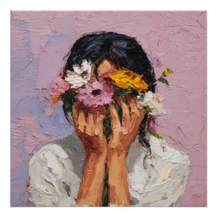 Poster Femme Abstraite Tenant une Fleur en Fleurissement