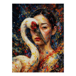 Poster Femme au héron éclaboussure colorée