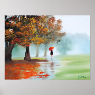 Poster Femme avec parapluie rouge paysage d'automne art