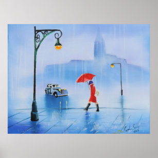 Poster Femme avec un parapluie rouge sous la pluie