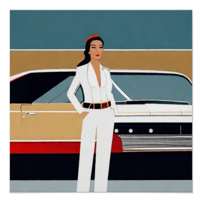 Poster Femme avec voiture rétro (Devant)