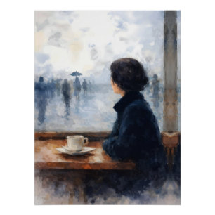 Poster Femme contemplative Café pluvieux Fenêtre Aquarell
