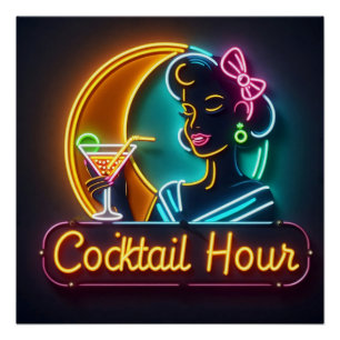 Poster Femme de l'heure du cocktail au néon du milieu du 