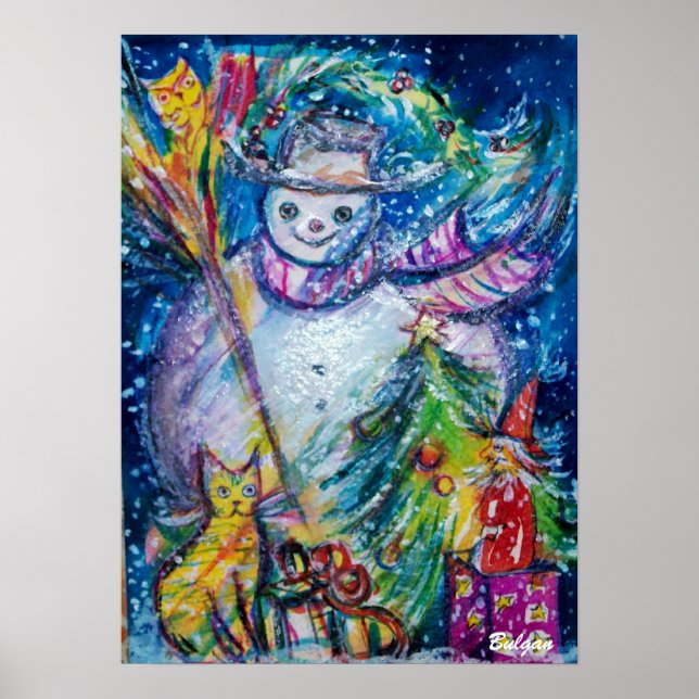 Poster FEMME DE NEIGE AVEC JOUETS, bleu blanc jaune (Devant)