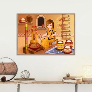 Poster Femme Du Village Qui Met Du Beurre En Bois Madhani
