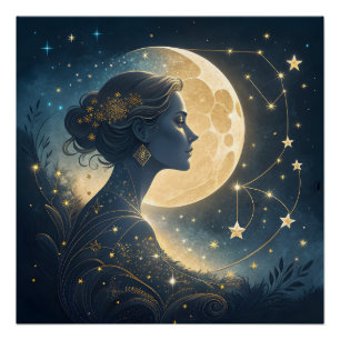 Poster Femme Élégante sous la Lune et les Étoiles Dorées
