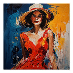 Poster Femme en Robe de Cocktail Rouge
