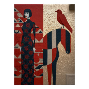 Poster Femme en robe fleurie, à damiers cheval & redbird