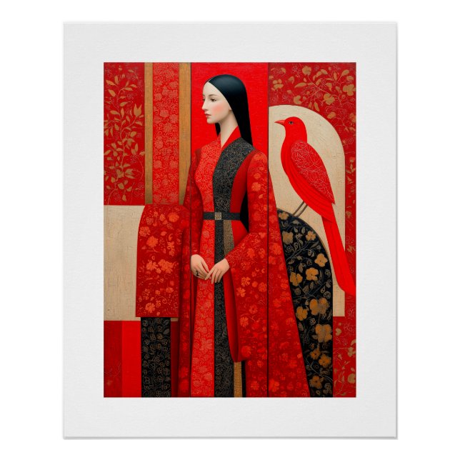 Poster Femme en robe fleurie rouge & un oiseau rouge (Devant)