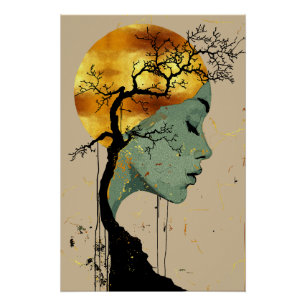 Poster Femme éthérée en silhouette d'arbre au clair de lu