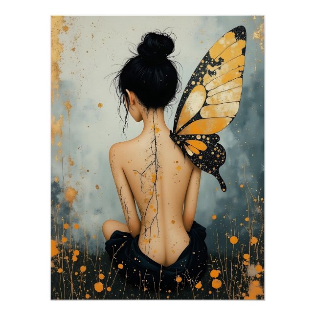 Poster Femme fantaisiste abstraite et papillon (Devant)