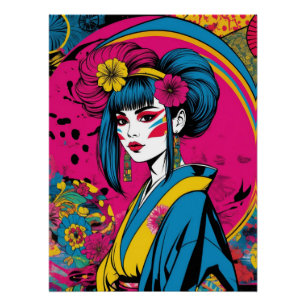 Poster Femme geisha japonaise en kimono traditionnel
