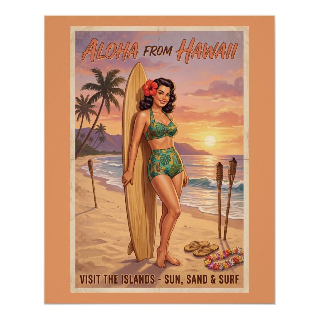 Poster Femme Hawaïenne de Style Rétro Épinglée (Devant)