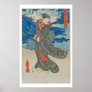 Poster Femme japonaise par la mer (copie de bois de