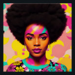 Poster Femme noire colorée Afro Pop Art<br><div class="desc">Cette oeuvre d'art pop-art présente une belle femme noire avec une grande afro, les années 70 esthétique avec un peu de puissance de fleur et boucles d'oreilles. Une beauté mélanine vibrante avec des cheveux naturels dans une pièce d'art numérique multicolore et audacieuse. Le cyan, le magenta rose et le jaune...</div>