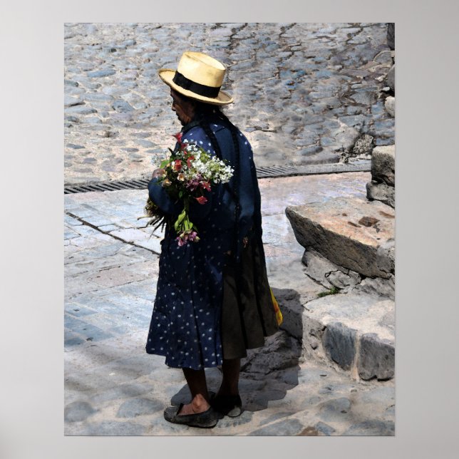 Poster Femme péruvienne tenant des fleurs (Devant)