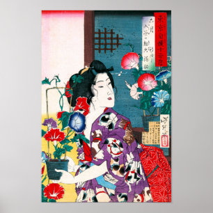 Poster Femme portant en kimono à motif de chat, Yoshitosh