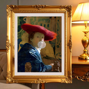 Poster Femme portant un chapeau rouge soufflant un bubble