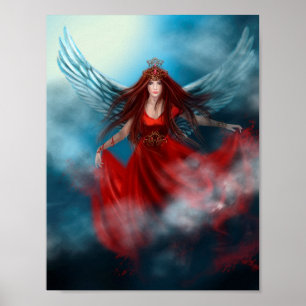 Poster Femme reine avec ailes en robe rouge dans les nuag