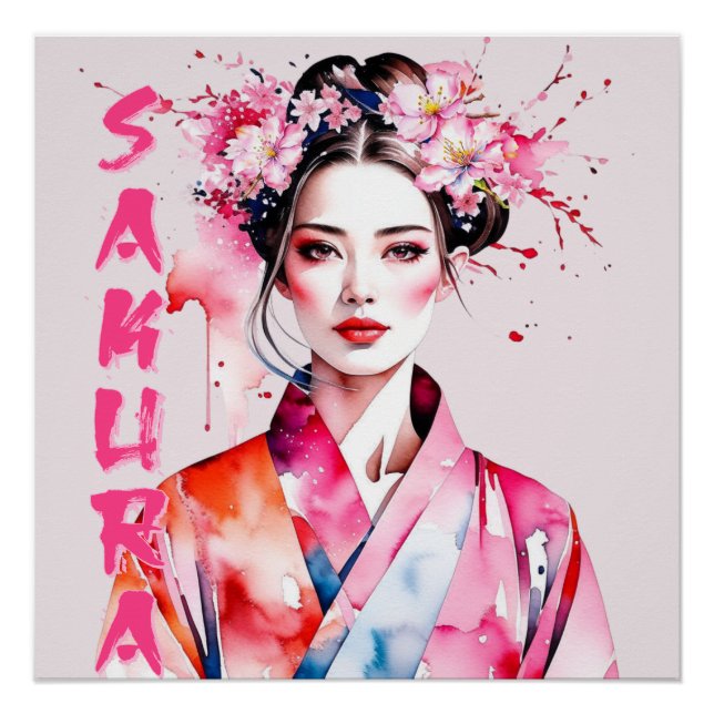 Poster Femme Sakura Aquarelle (Devant)