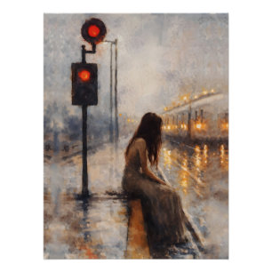 Poster Femme Solitaire Attendant le Signal Rouge dans une