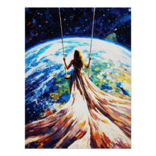 Poster Femme sur une balançoire au-dessus de la Terre, pe