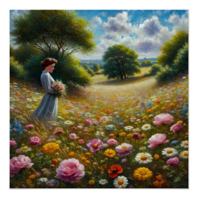Poster Femme tenant des fleurs dans un pré (Devant)