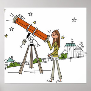 Poster Femme utilisant un télescope astronomique