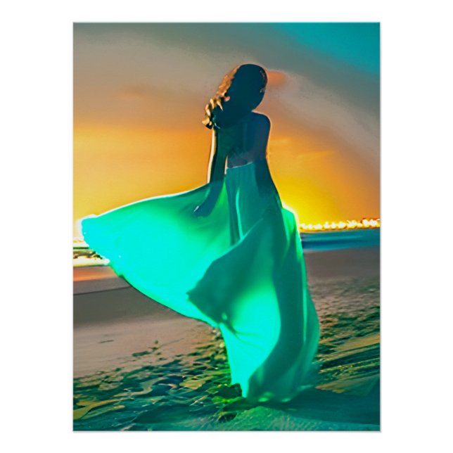 Poster Femmes en bleu turquoise sur une plage de nuit (Devant)
