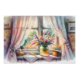 Poster Fenêtre de cottage ensoleillée avec fleurs sauvage