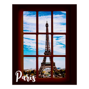 Poster Fenêtre en bois avec vue sur la Tour Eiffel, Paris