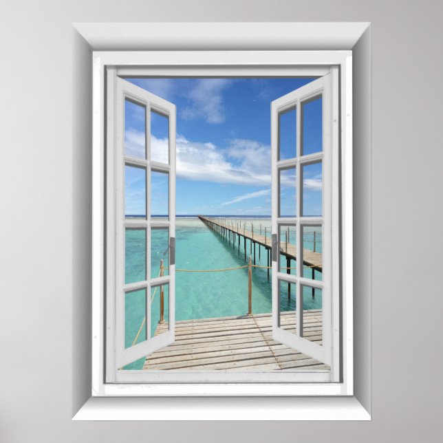 Poster Fenêtre Fausse vue océan 3D (Devant)