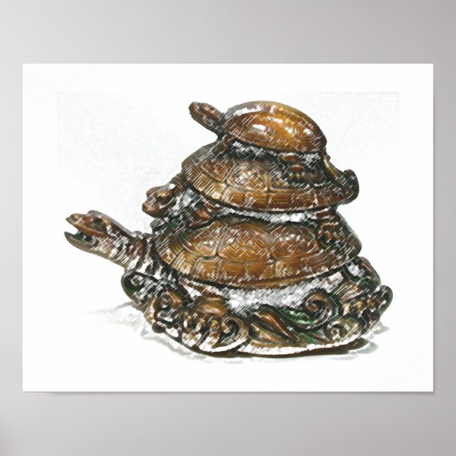Poster Feng Shui Triple Turtle - Or (Devant)