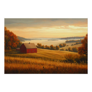 Poster Ferme au lever du soleil avec des collines ondoyan