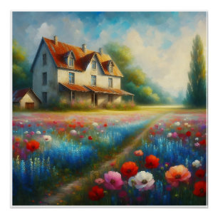 Poster Ferme dans un champ de fleurs