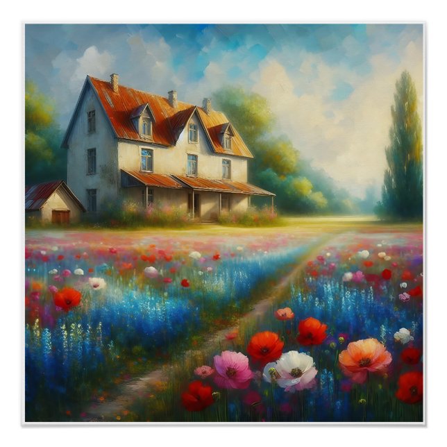 Poster Ferme dans un champ de fleurs (Devant)