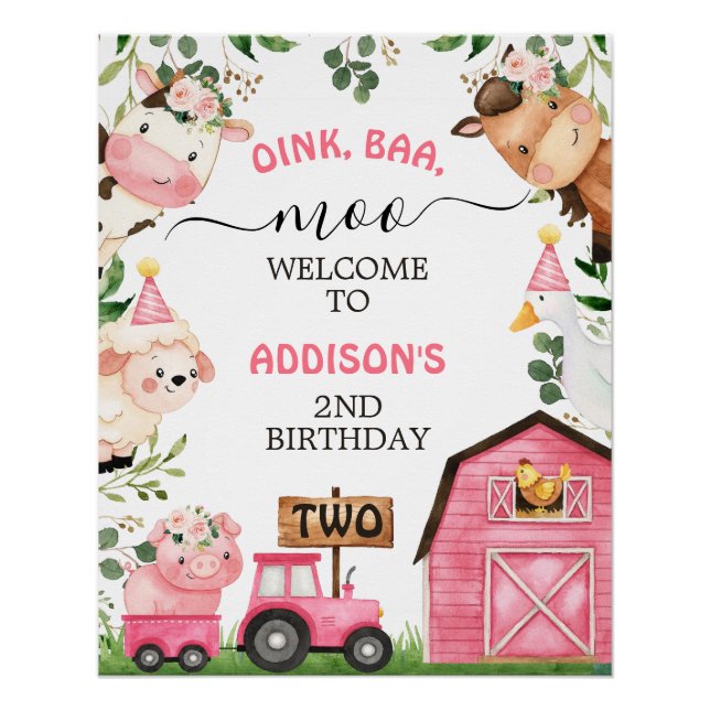Poster Ferme Pink Grange Tracteur Anniversaire Bienvenue (Devant)