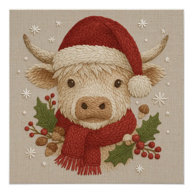 Poster Ferme rustique Highland Cow avec Santa Hat (Devant)