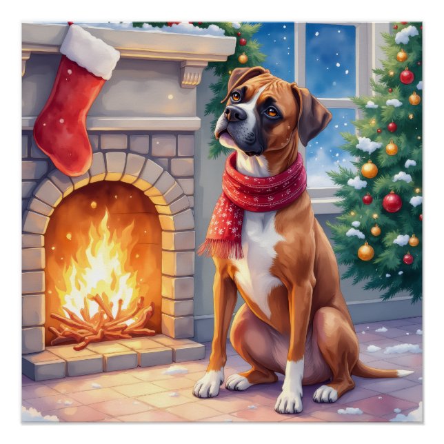 Poster Festive Fireplace Boxer Christmas Art (Devant)