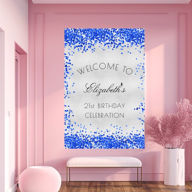 Poster fête d'anniversaire argent bleu royal confetti bie (Créateur téléchargé)