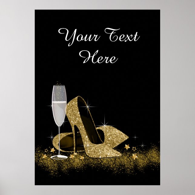 Poster Fête d'anniversaire chaussure à talon haut noir et (Devant)