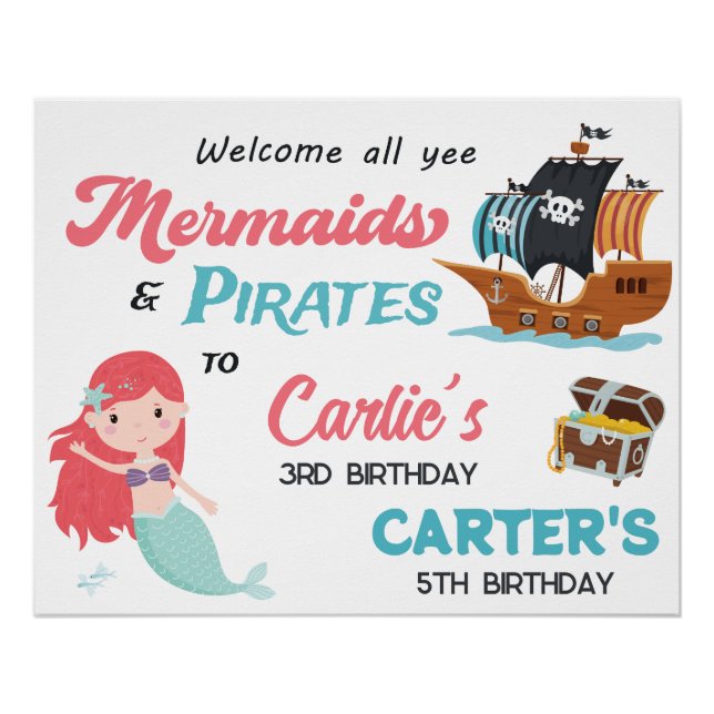 Poster Fête d'anniversaire commune Sirène et Pirate, Tout (Devant)