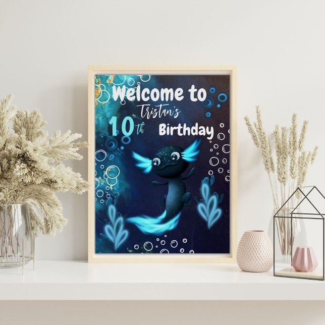 Poster Fête d'anniversaire du néon bleu foncé Axolotl (Créateur téléchargé)